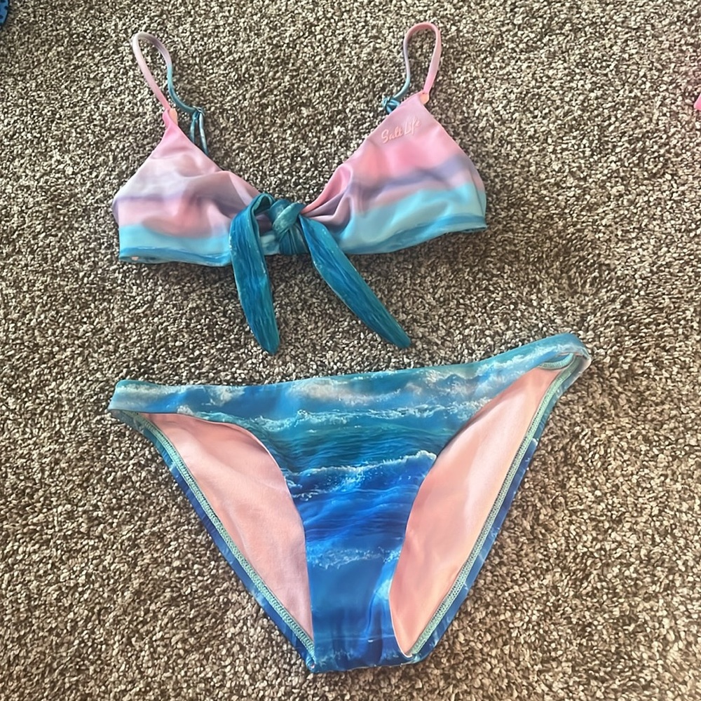 New Salt life surf waves bikini XS ombré beach sunset blue pink tie bathing suit